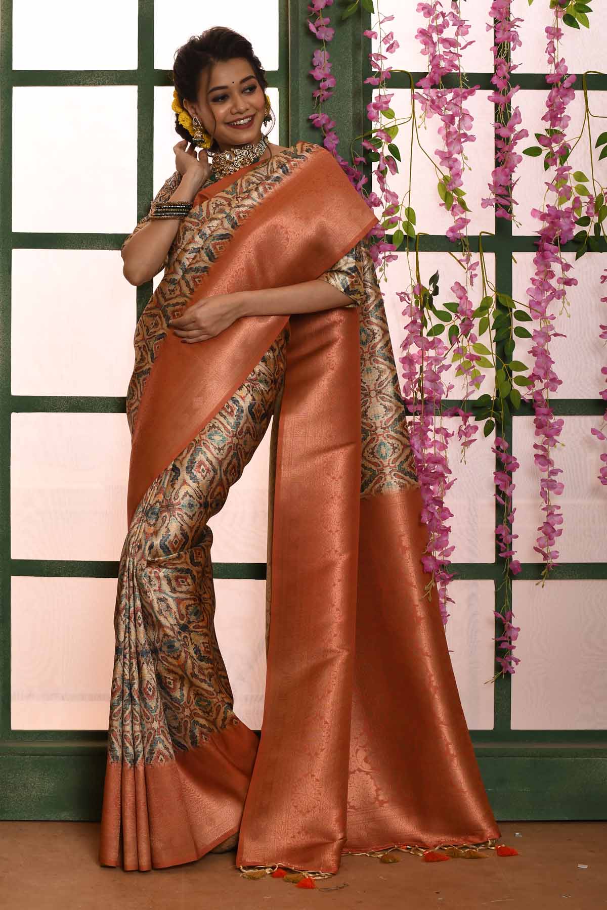 Buy Designer Orange Banarasi Silk Saree Online